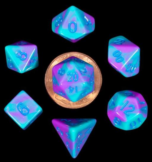 Mini Polyhedral Dice Set Purple/Teal with Blue Numbers