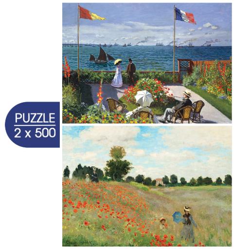 2 Puzzles - Monet's Art: Garden at Sainte Adresse, 1867 - Poppy Field Near Argentueil, 1873 (500pc Puzzle)